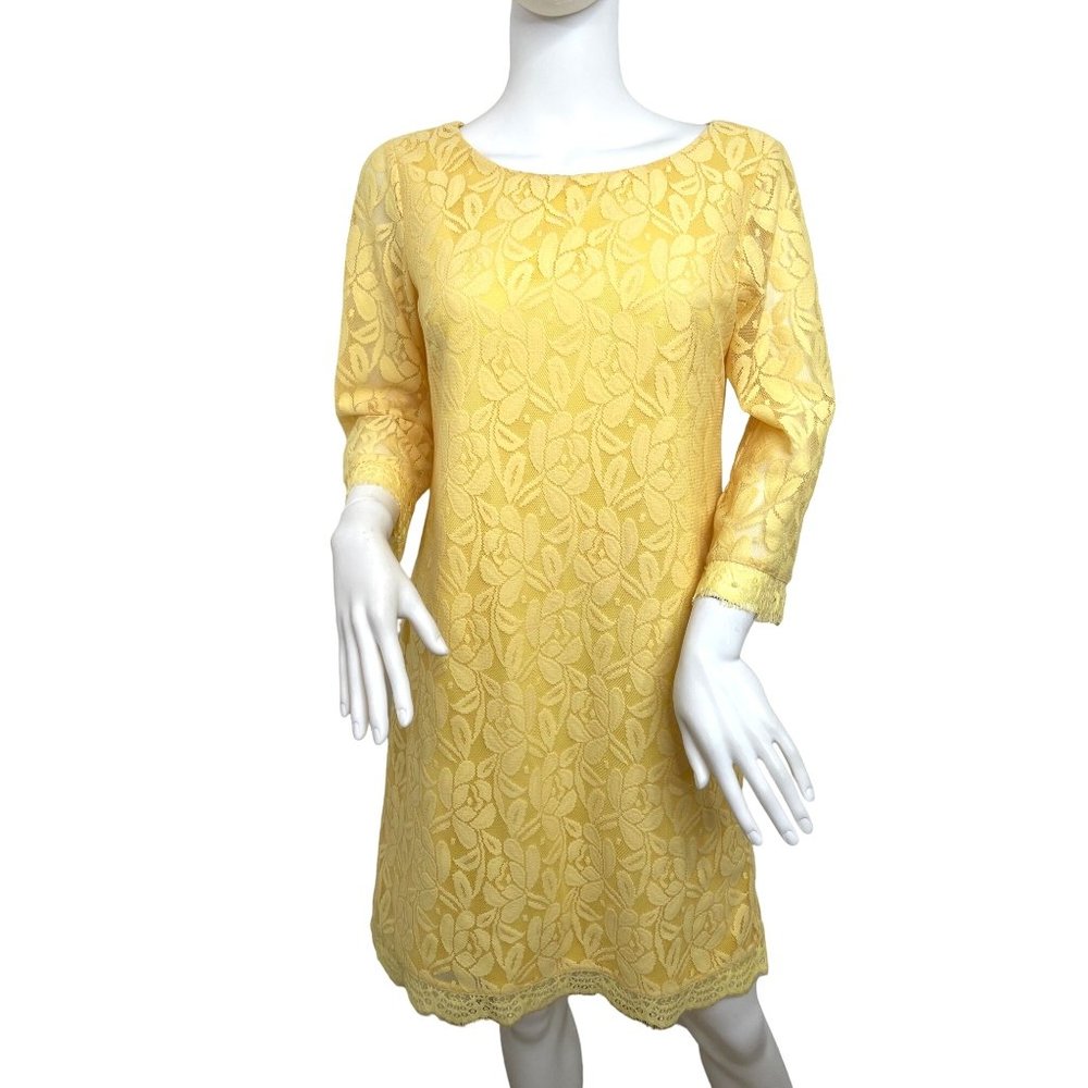 London Times Yellow Lace Dress 6 Overlay Lined Above Knee Round Neck Floral